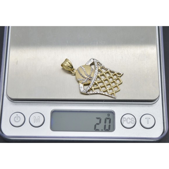 Real 10K Two-Tone Gold 41mm Diamond Cut Basketball Hoop Net Sport Pendant 2.0gr - Picture 5 of 6